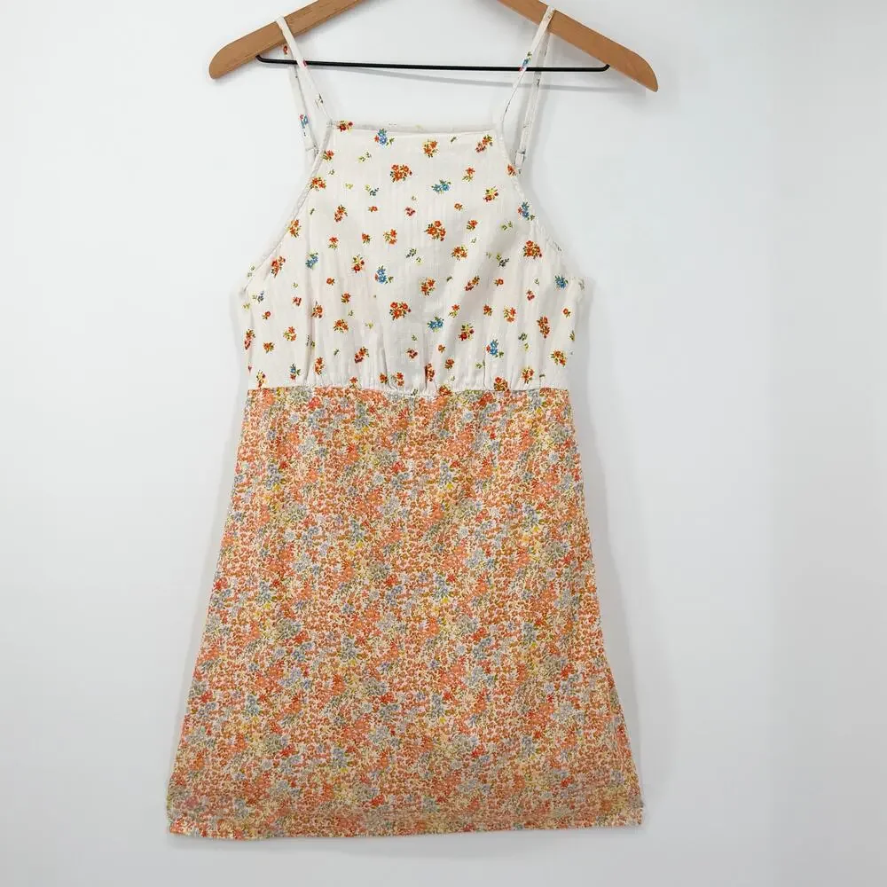 American Eagle Floral Linen Blend High Neck Mini Dress Women’s M Cottagecore